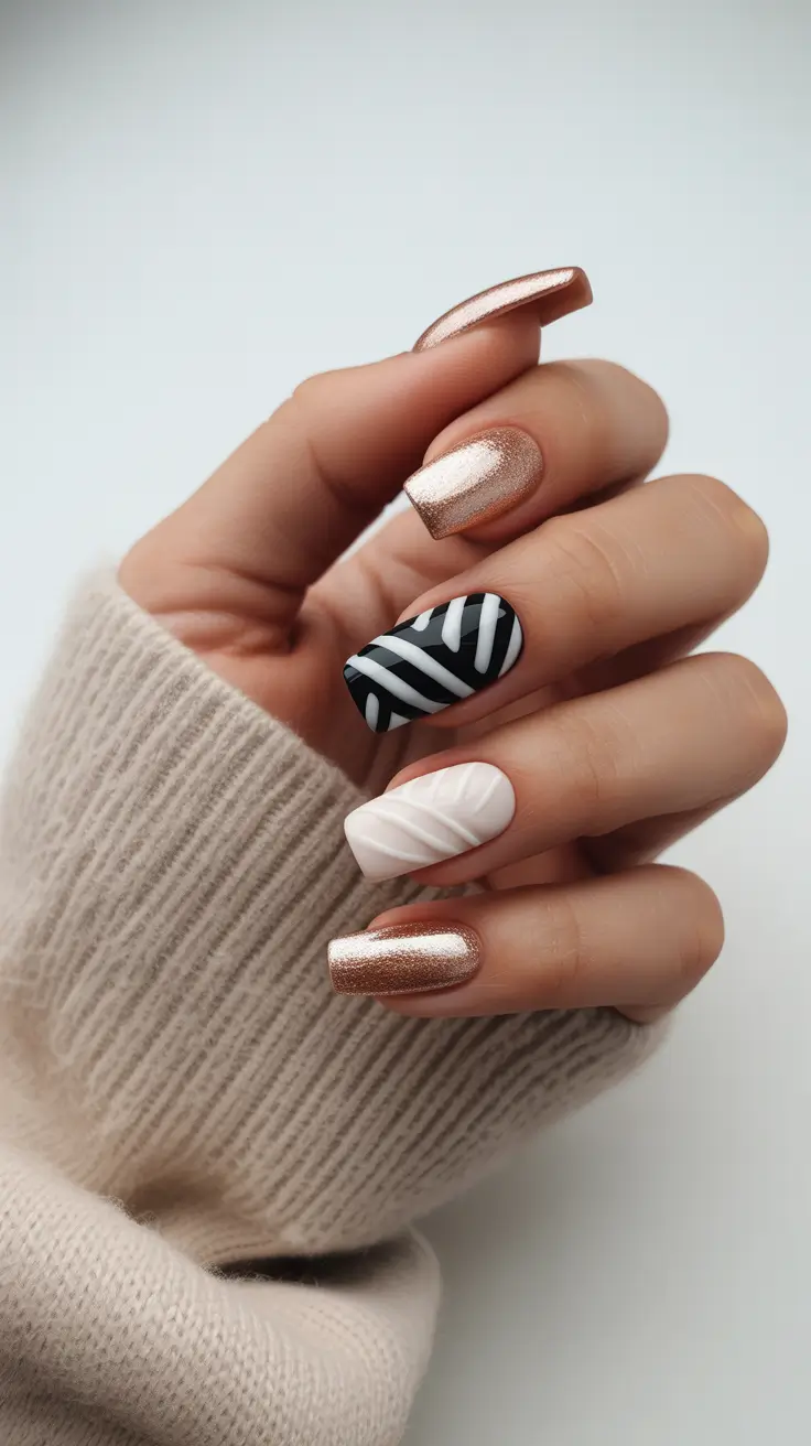 Cozy Fall Nails October 2025 Design Ideas Modern Metallic with Graphic Contrast