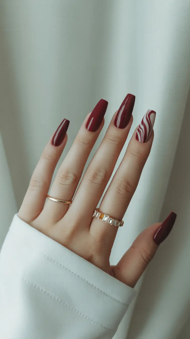 Cozy Fall Nails October 2025 Design Ideas Deep Wine with Swirled Accent