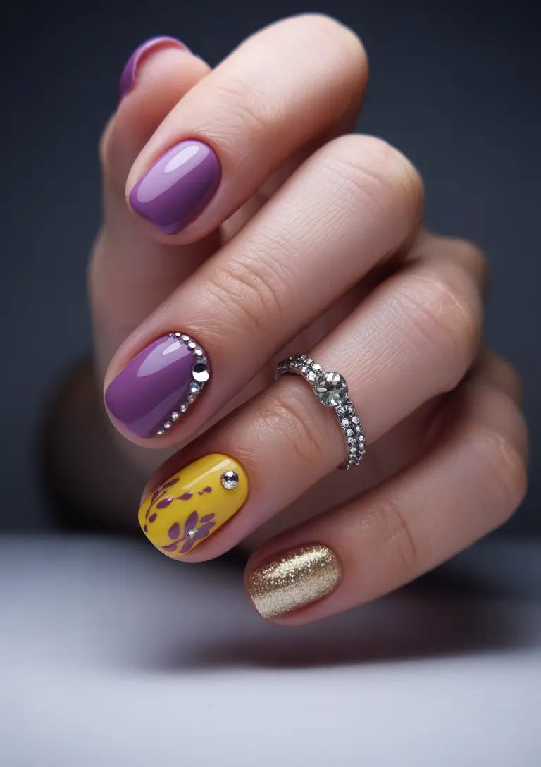 Cozy Fall Nails October 2025 Design Ideas Playful Purple and Gold Shorties
