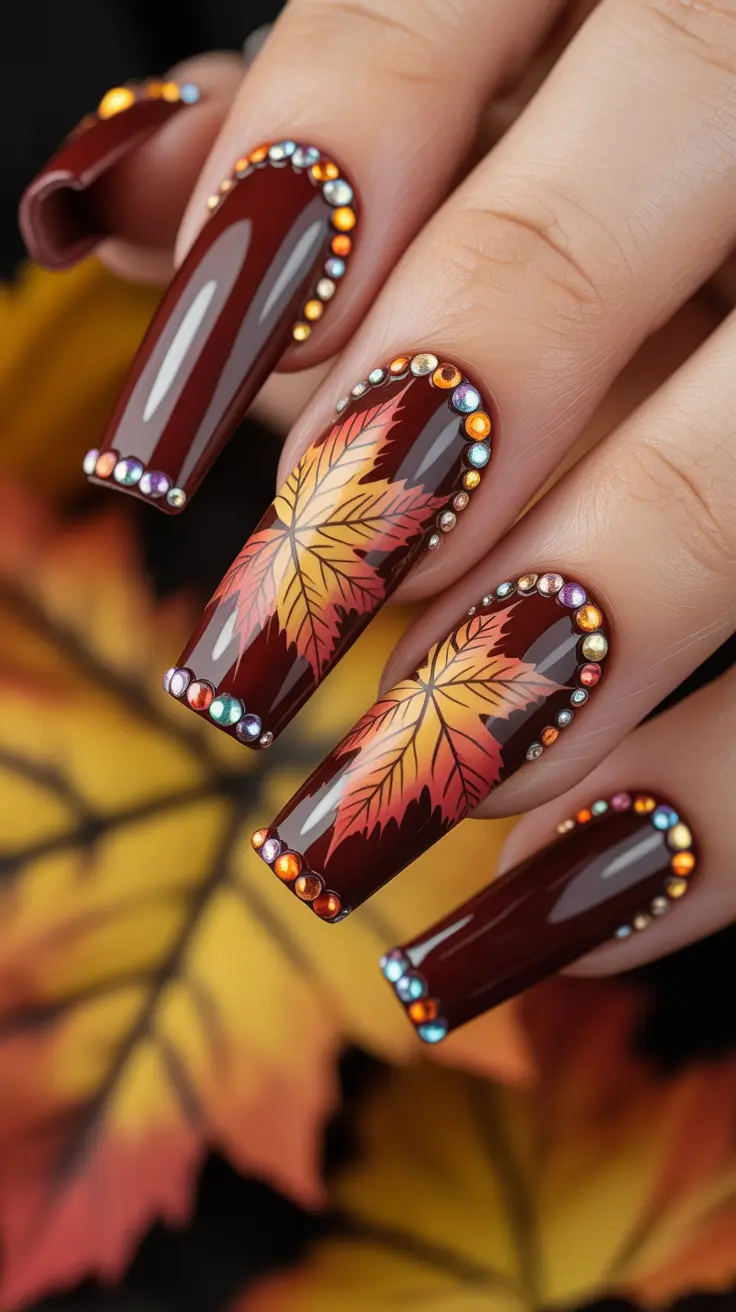 Cozy Fall Nails October 2025 Design Ideas Autumn Leaves and Jewel Accents