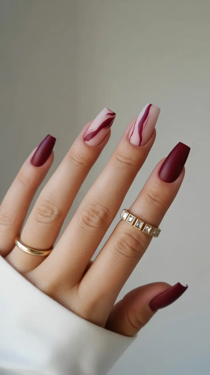 Cozy Fall Nails October 2025 Design Ideas Burgundy Waves on Matte Square Nails