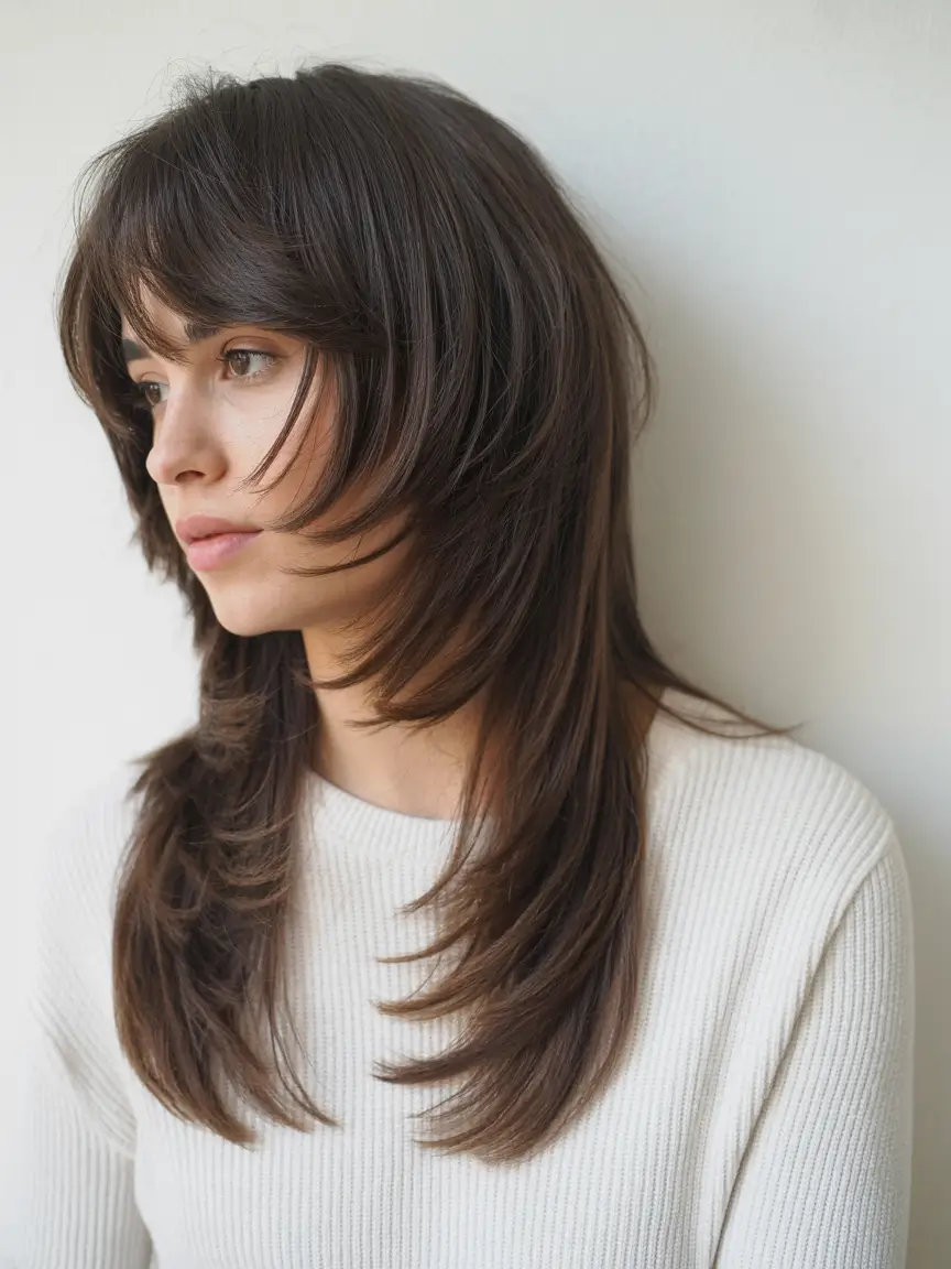 October hair color 2025 Feathered Chocolate Layers