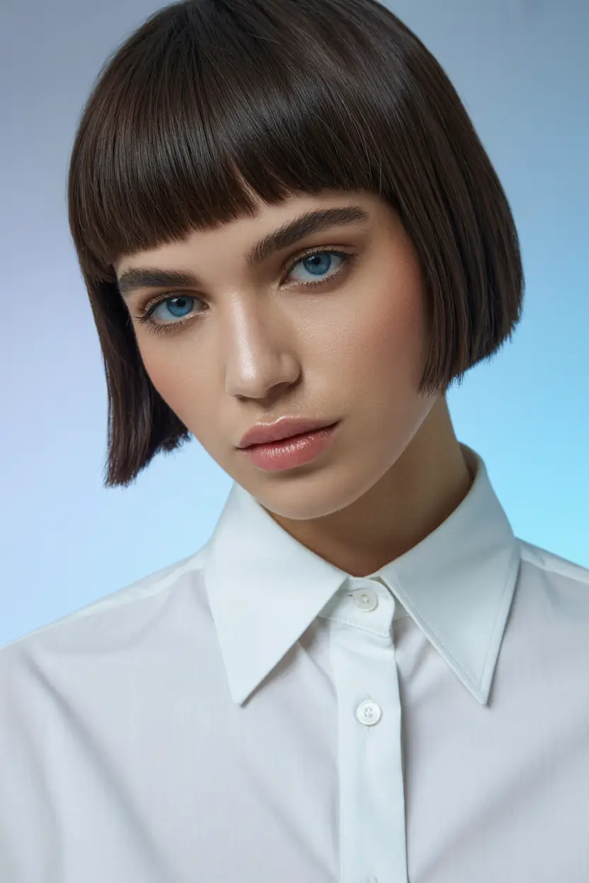 October hair color 2025 Polished Brunette Bob with Micro Bangs