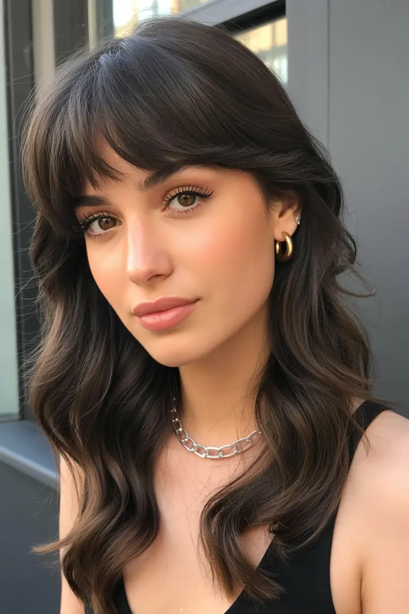 October hair color 2025 Soft Mocha with Curtain Bangs