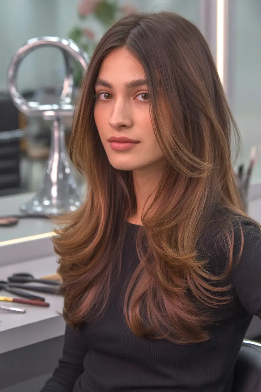 October hair color 2025 Warm Brunette Layers with Caramel Shine