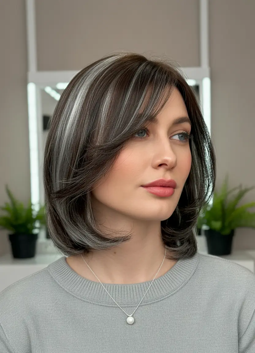 October hair color 2025 Dimensional Brunette Bob with Silver Ribbons