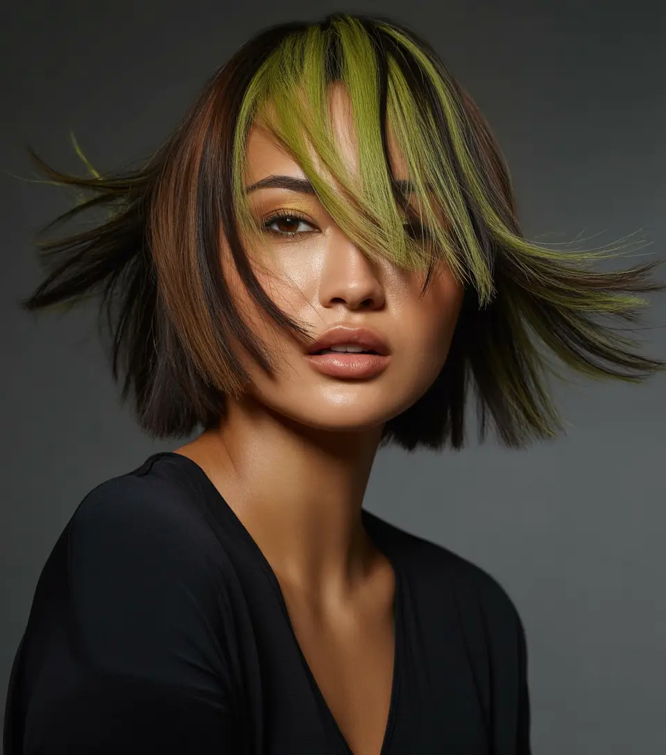 October hair color 2025 Edgy Brunette with Neon Green Money Piece