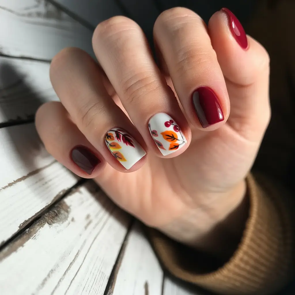 Berry-Toned Elegance with Leaf Details + cute and fun fall nails 2025