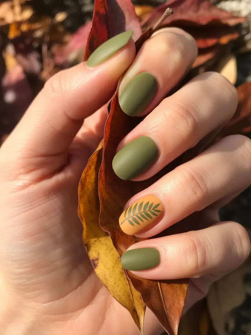 Matte Olive with Earthy Accent + cute and fun fall nails 2025