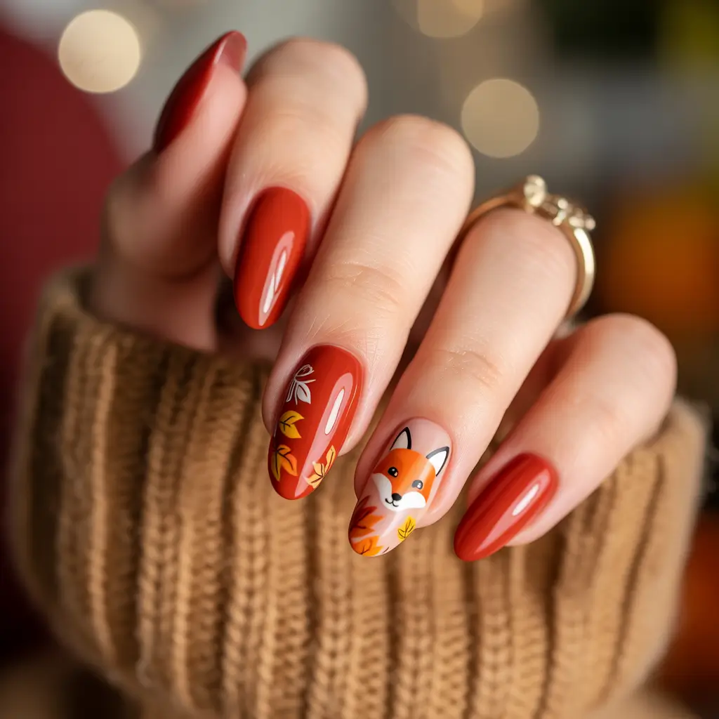 cute fall nails Whimsical Fox Vibes with Burnt Orange Gloss