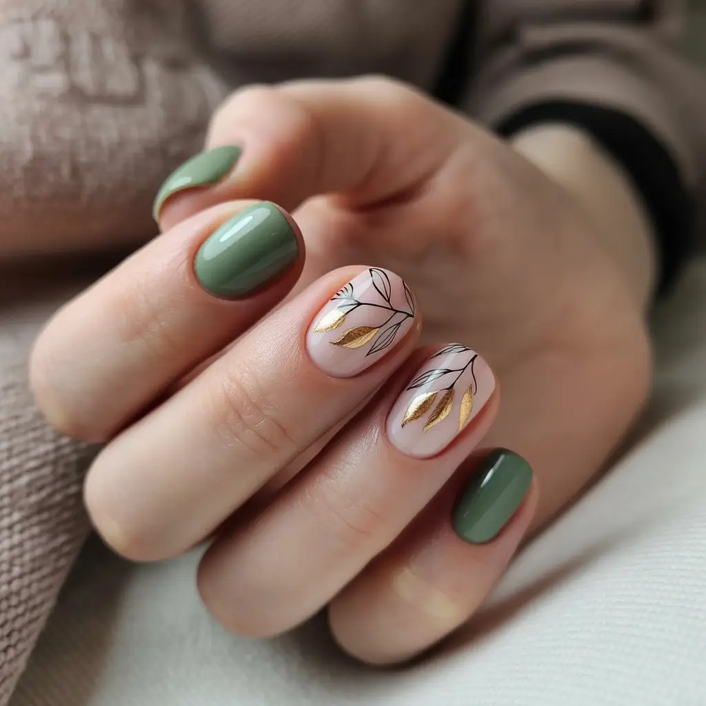 Olive and Gold Leaf Accent Nails + cute and fun fall nails 2025