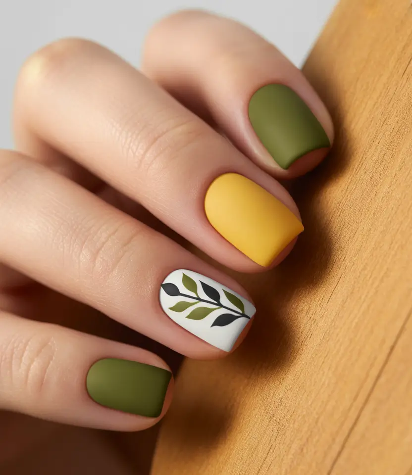 ideas for short nails Olive Greens and Mustard With Graphic Leafwork