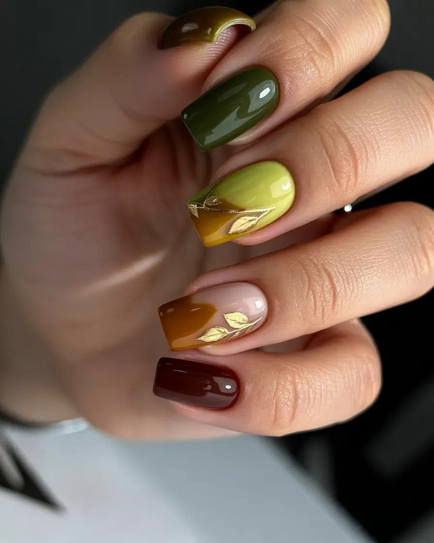 Olive Ombre with Foil Leaf Accents + cute and fun fall nails 2025