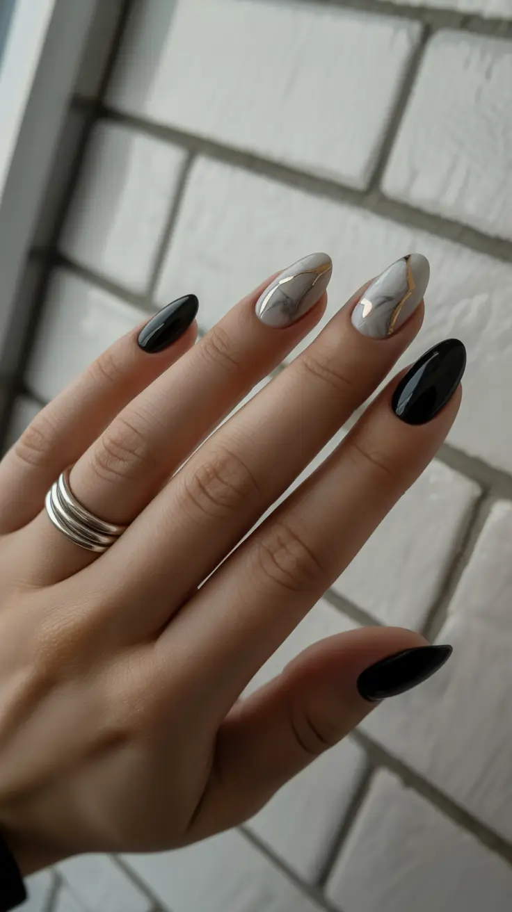 dark fall nails 2025 marble veins in black and white