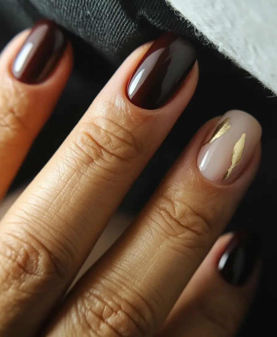 dark fall nails 2025 wine red with subtle golden accent