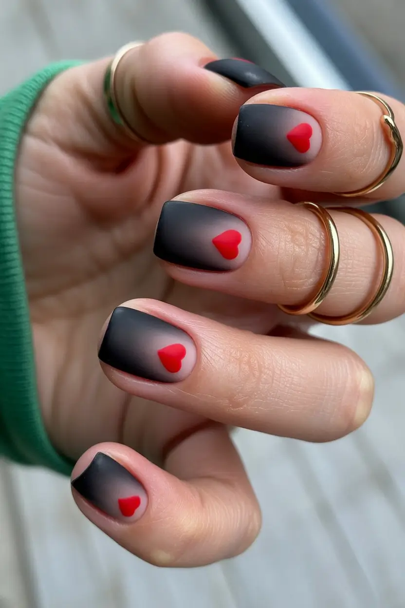 dark fall nails 2025 matte black with heart details