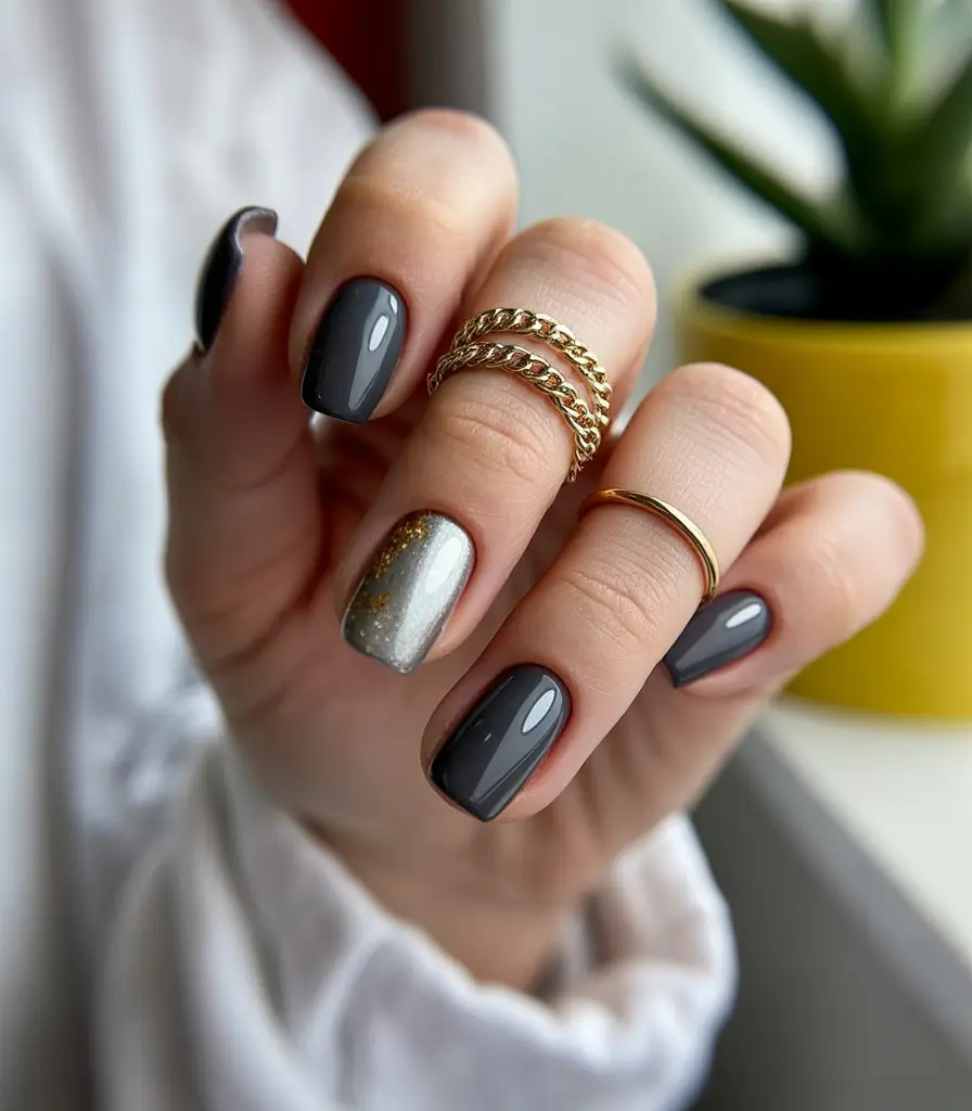 dark fall nails 2025 gunmetal gray with silver accent