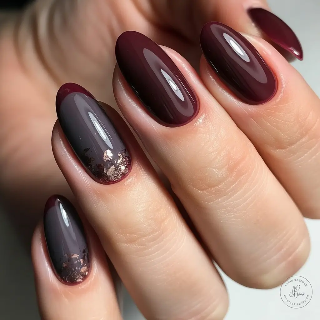 dark fall nails 2025 mulberry ombre with foil base