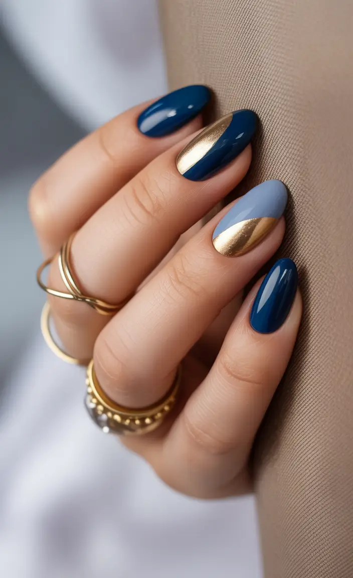 dark fall nails 2025 blue and gold modern elegance
