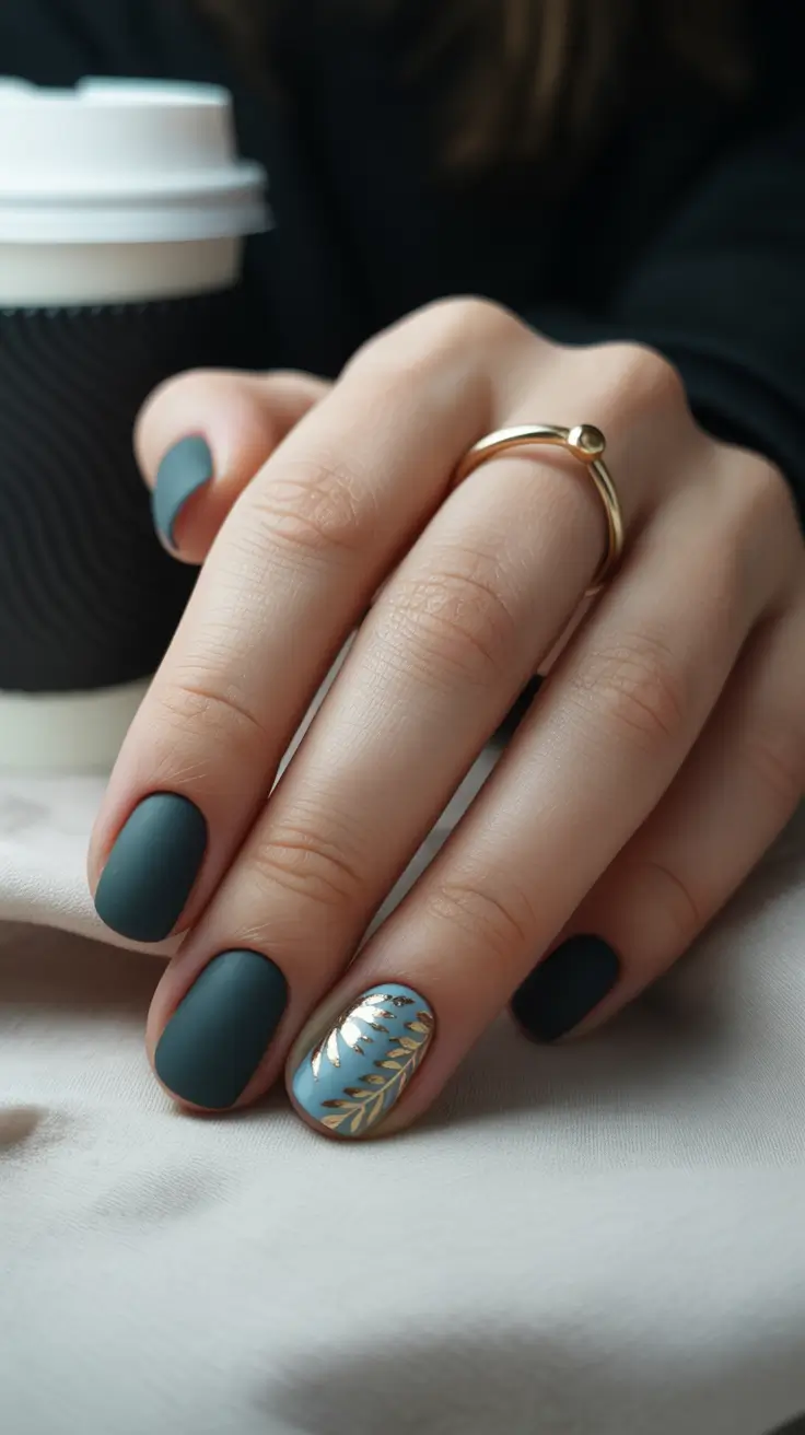 dark fall nails 2025 Matte Teal With a Gilded Accent