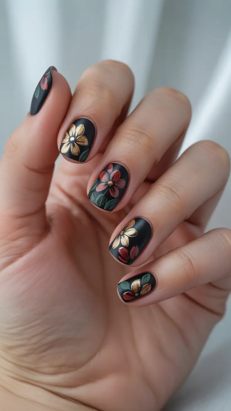 dark fall nails 2025 Dark Florals With Metallic Accents
