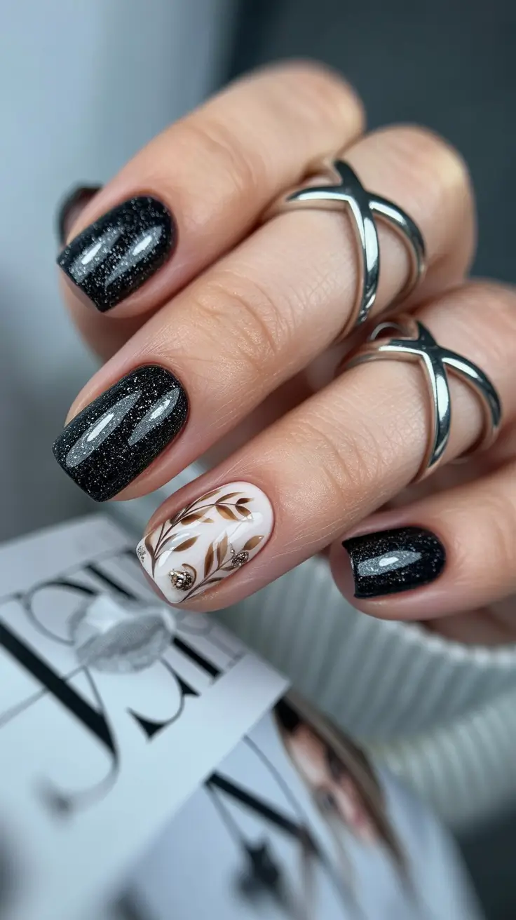 Dark Fall Nails 2025: Black Glitter Meets Minimalist Leaves