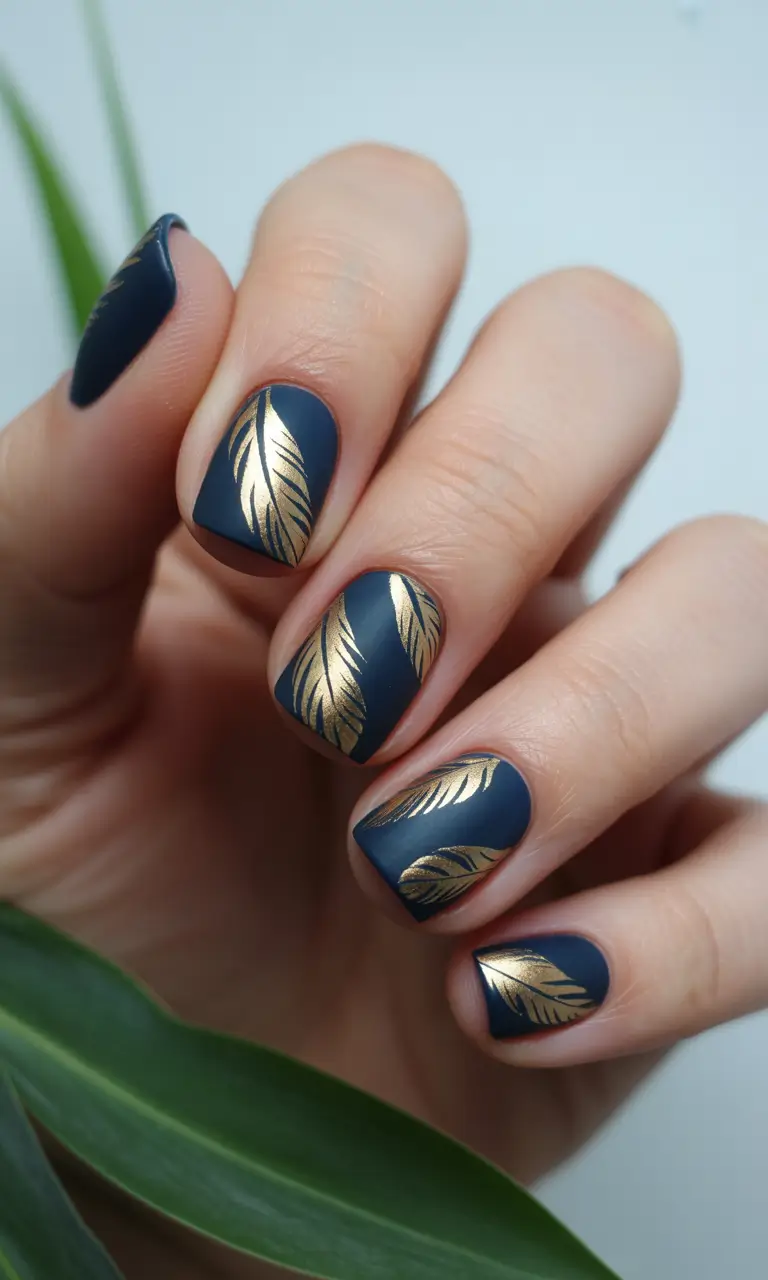 dark fall nails 2025 Navy Matte With Golden Feathers