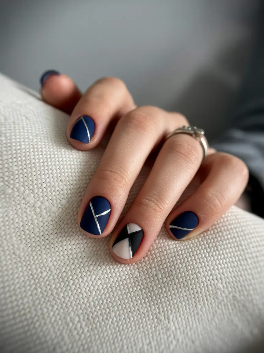 dark fall nails 2025 Geometric Contrast in Navy and Silver