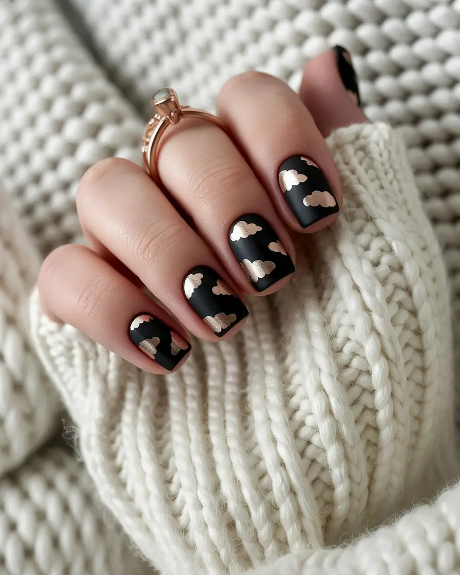 dark fall nails 2025 Matte Black With Golden Cloud Accents
