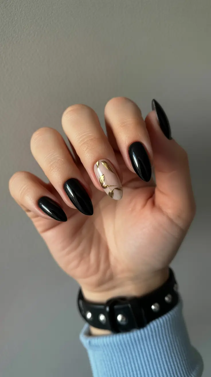 dark fall nails 2025 golden leaf elegance