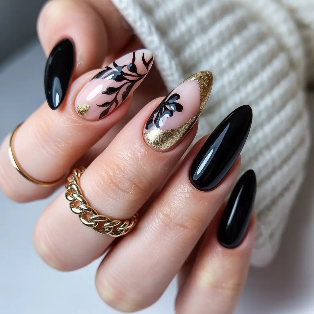 dark fall nails 2025 black and gold botanical drama