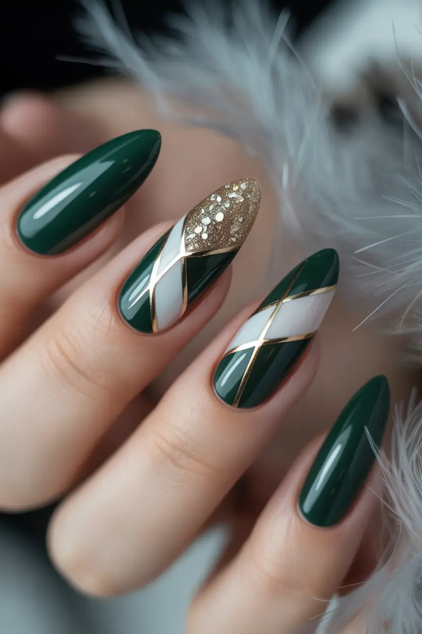 dark fall nails 2025 emerald elegance with white and gold