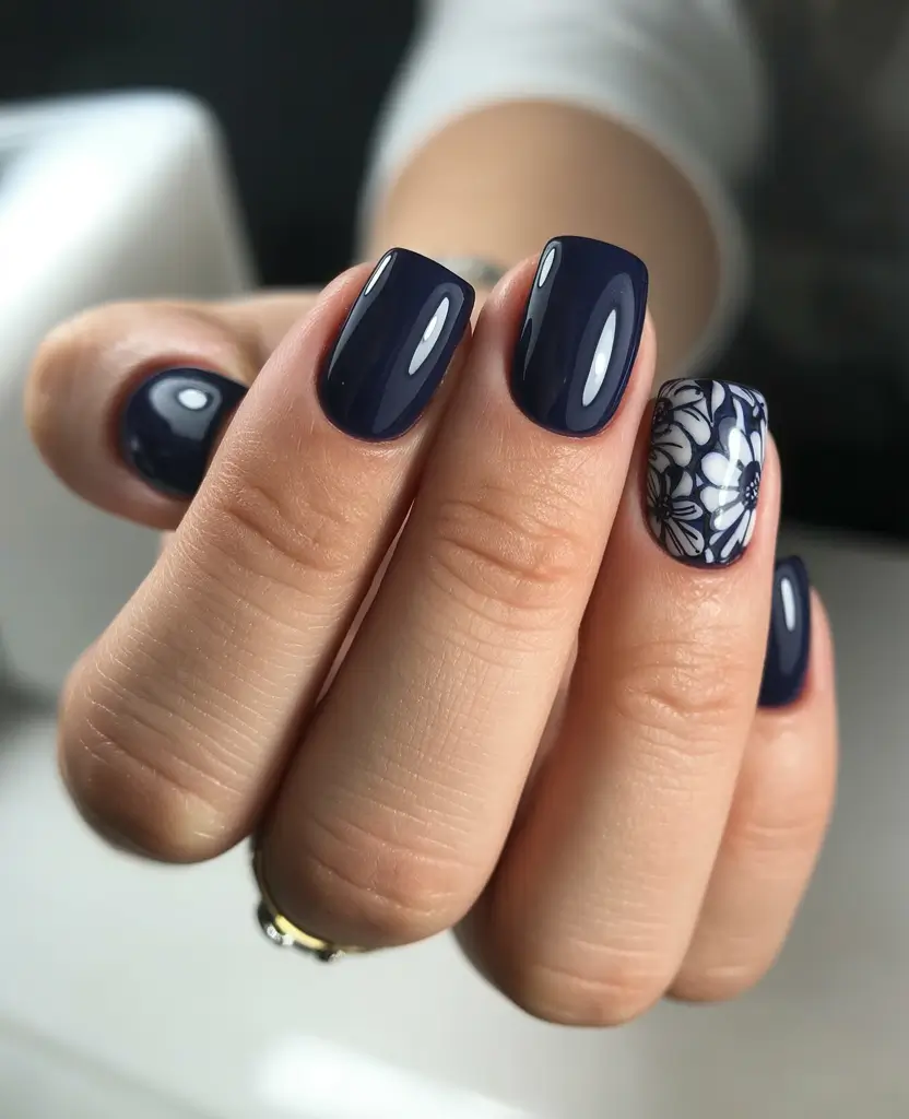 dark fall nails 2025 midnight navy with floral detail