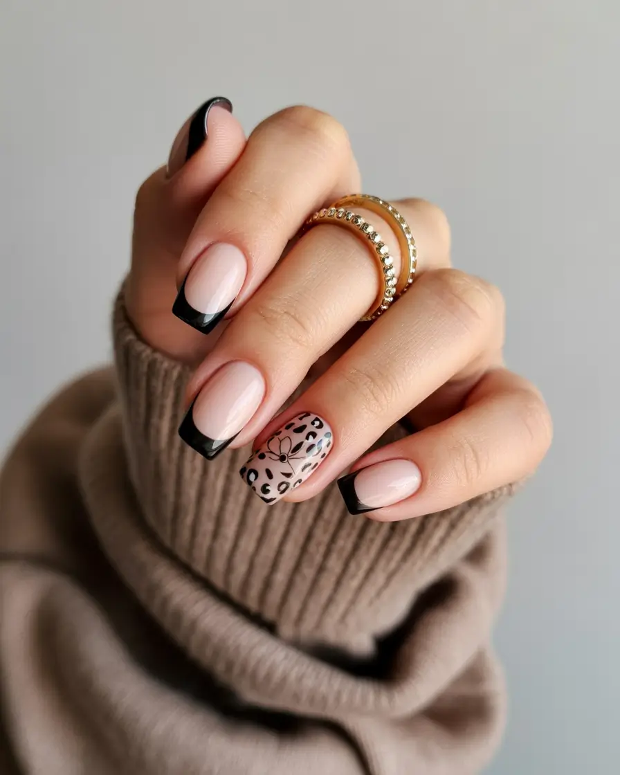 early fall nails ideas 2025 Chic Black-Tipped Neutrals with a Wild Accent