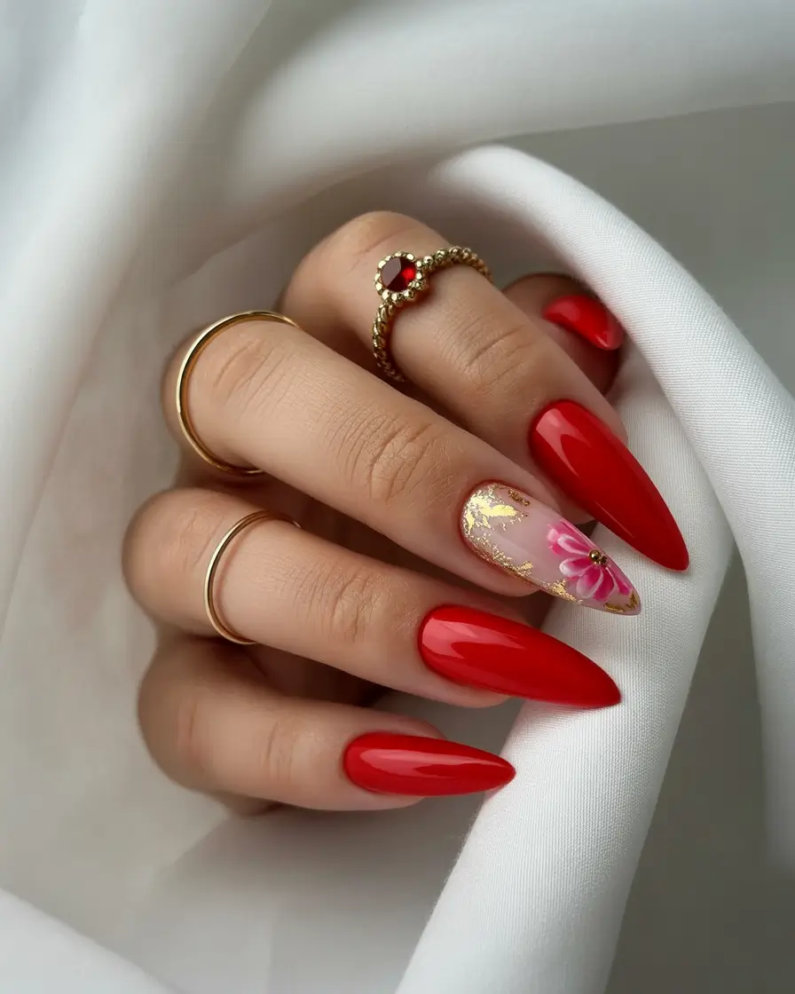early fall nails ideas 2025 Crimson Elegance with Gold-Leaf Bloom