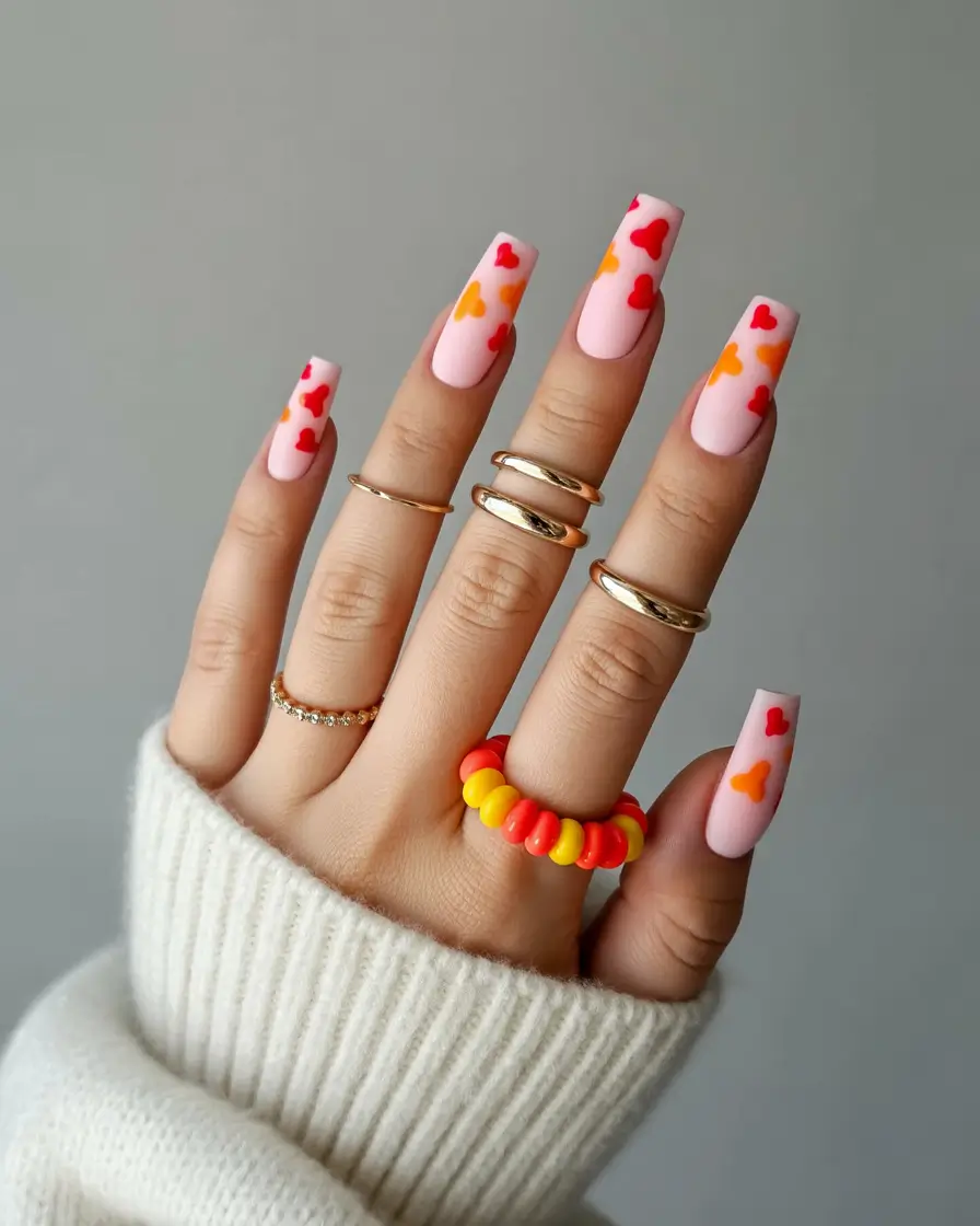 early fall nails ideas 2025 Playful Hearts on Blush Pink