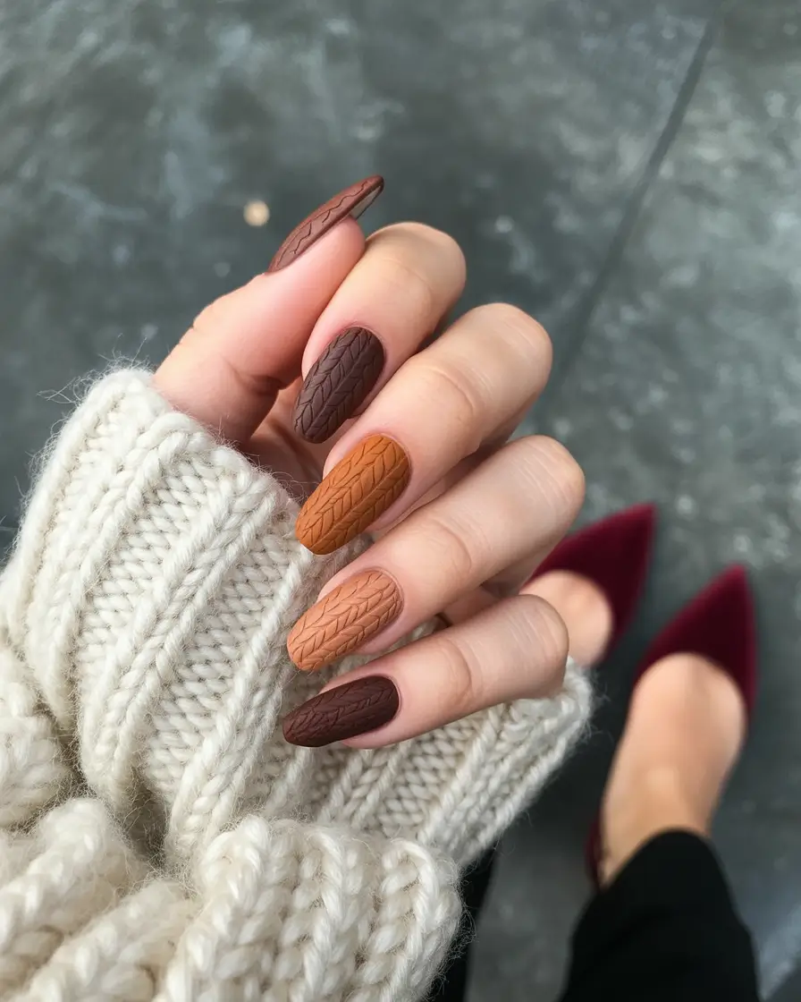 early fall nails ideas 2025 Cozy Knit Layers