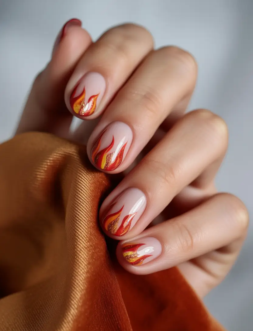 early fall nails ideas 2025 Fiery Flame Tips with Gold Spark