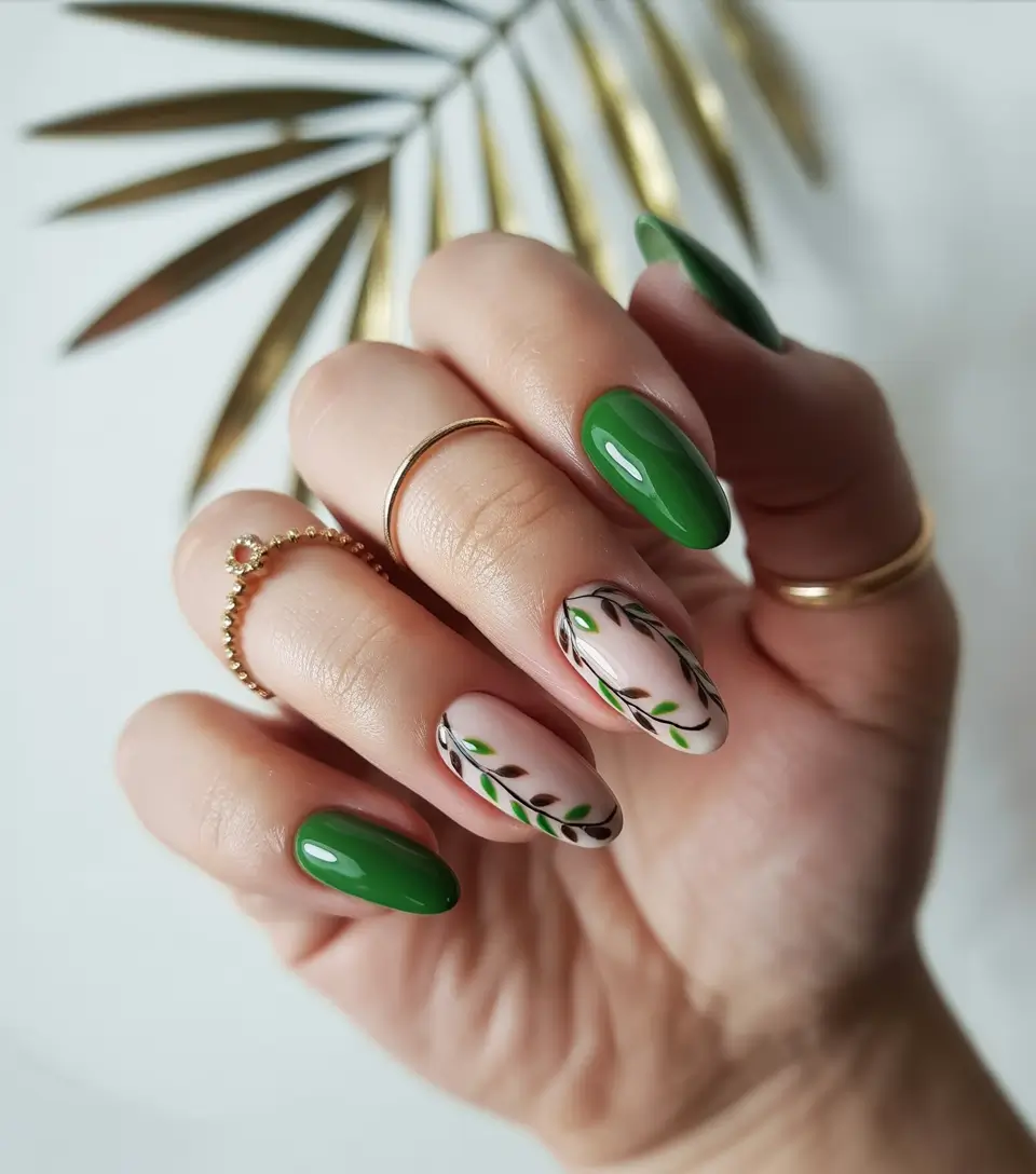 early fall nails ideas 2025 Glossy Green with Olive Vine Art