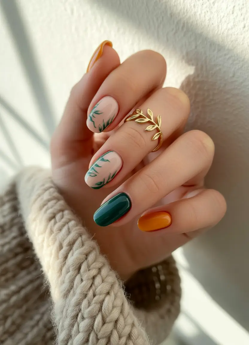 early fall nails ideas 2025 Warm Harvest Mix with Minimalist Greenery