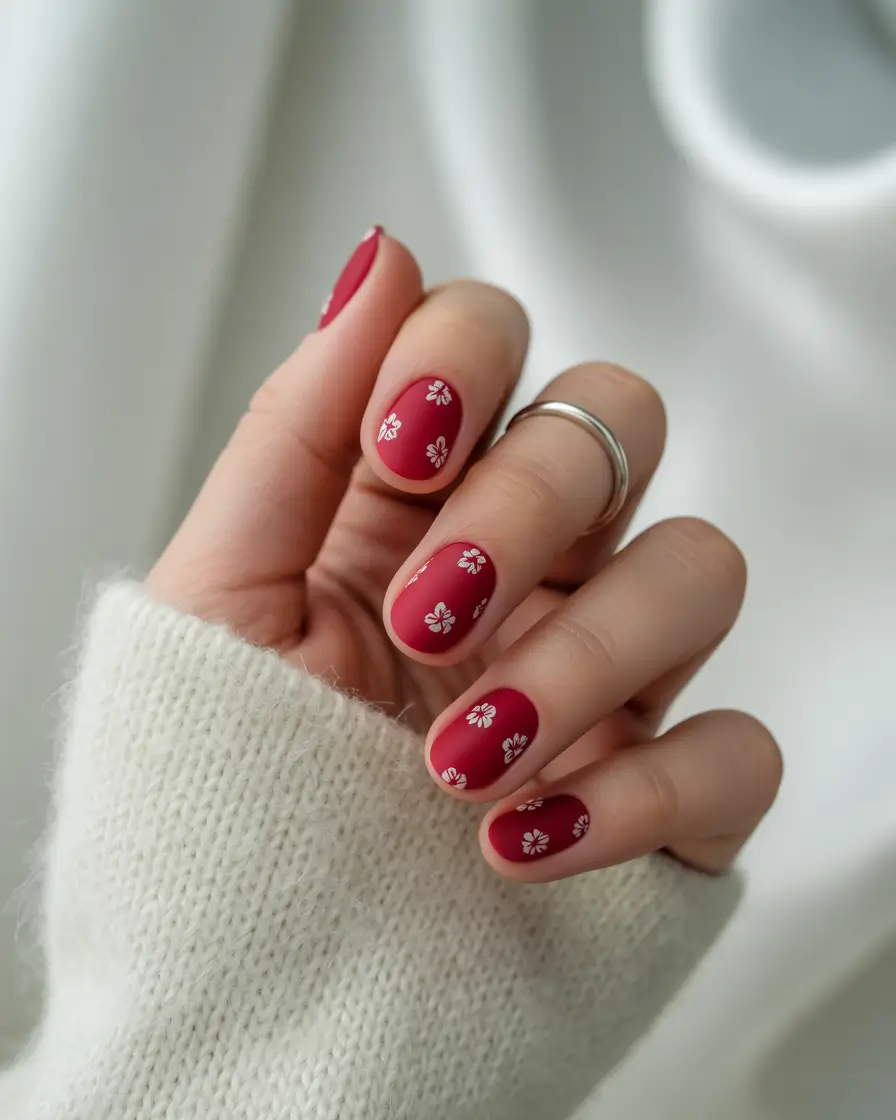 early fall nails ideas 2025 Berry Matte with Tiny Blossoms