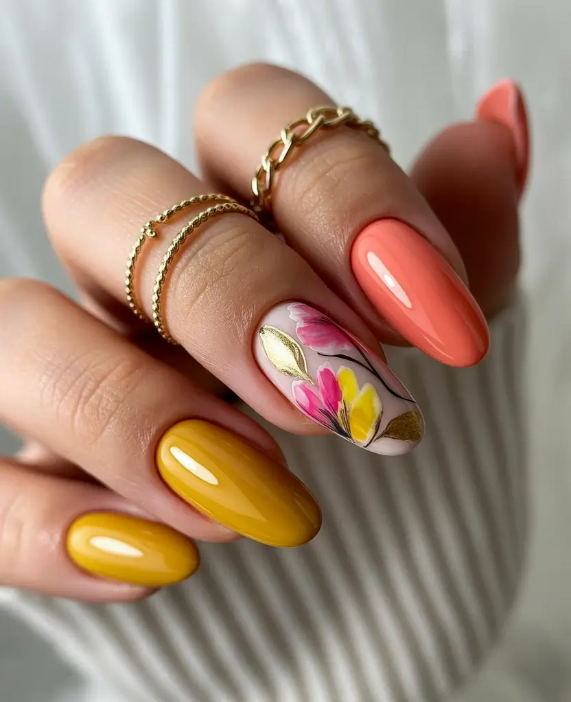 early fall nails ideas 2025 Sunlit Florals with Gold Accents