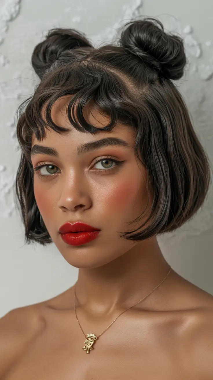 easy fall hairstyles 2025 Playful Double Buns with Fringe