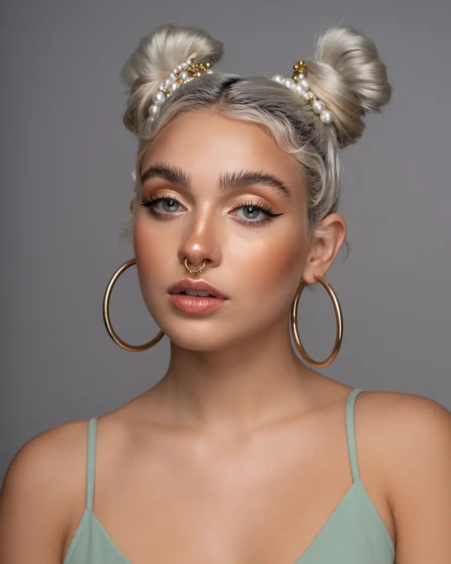 easy fall hairstyles 2025 Double Bun with Pearls