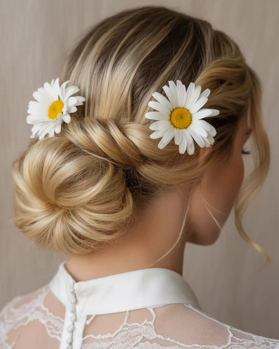 easy fall hairstyles 2025 Romantic Low Bun with Floral Touch