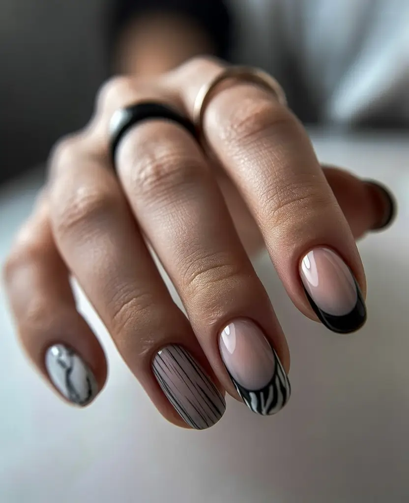 Fall 2025 Nail Color Ideas for Women Over 40 Modern French Twist with Black Accents