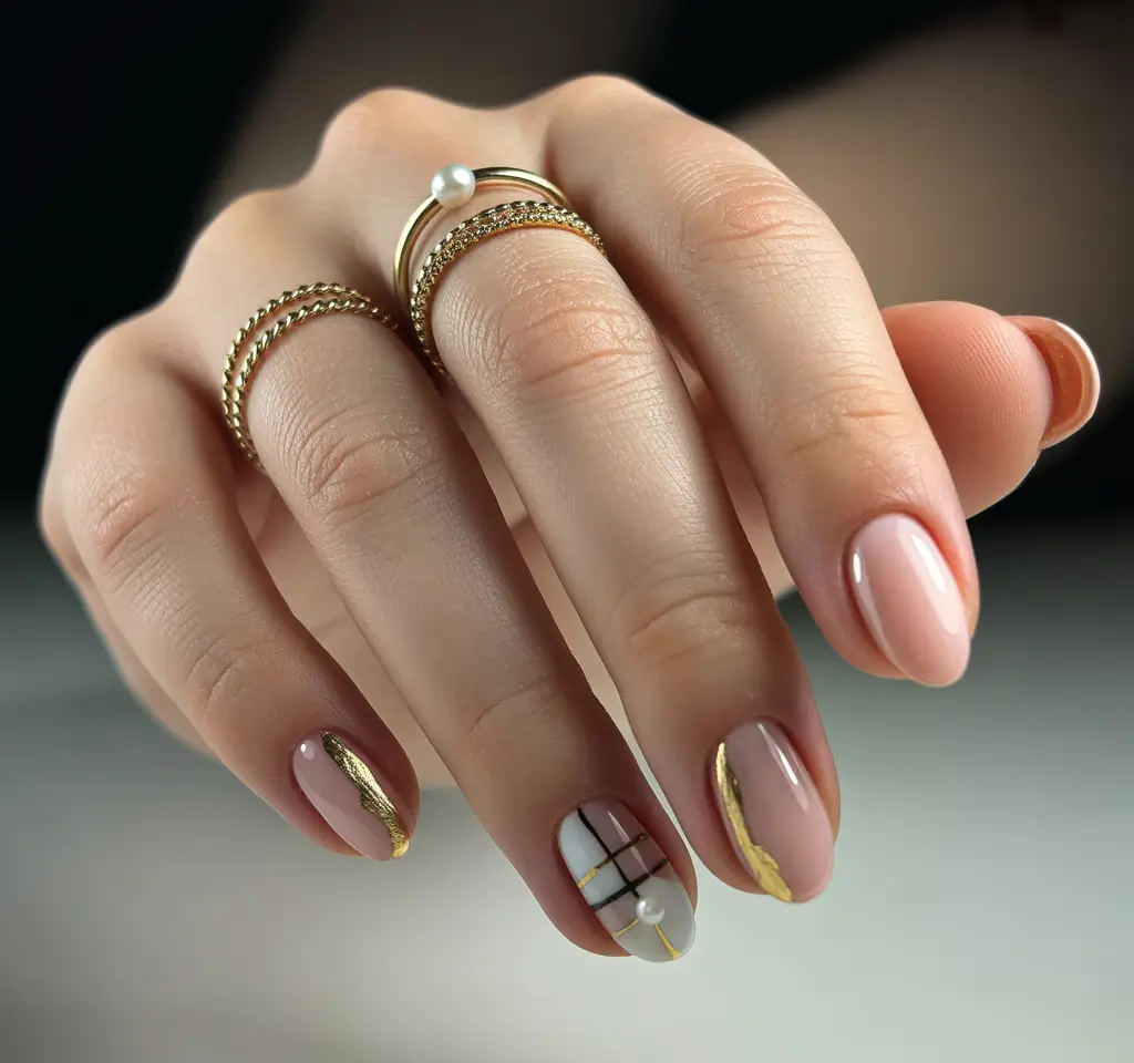 Fall 2025 Nail Color Ideas for Women Over 40 Elegant Nude with Gold Details
