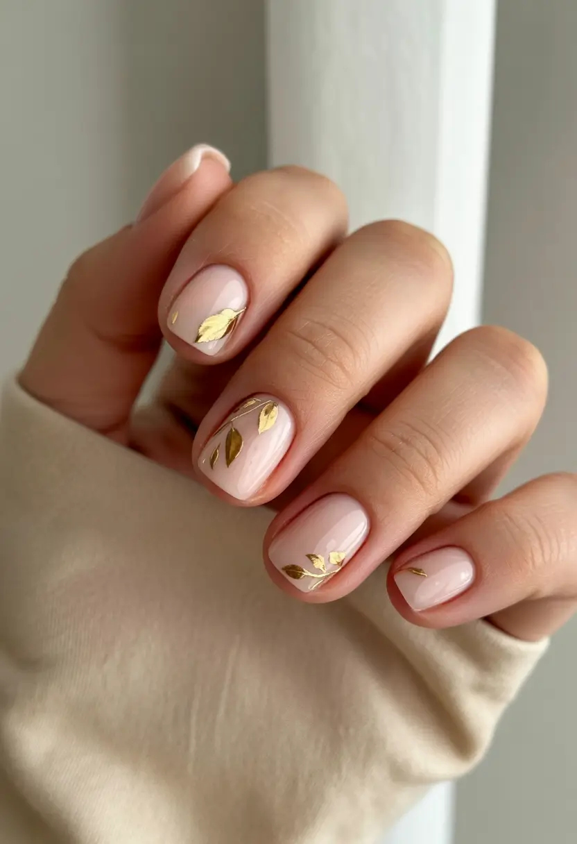 Fall 2025 Nail Color Ideas for Women Over 40 Minimal Nude with Golden Leaf Accents