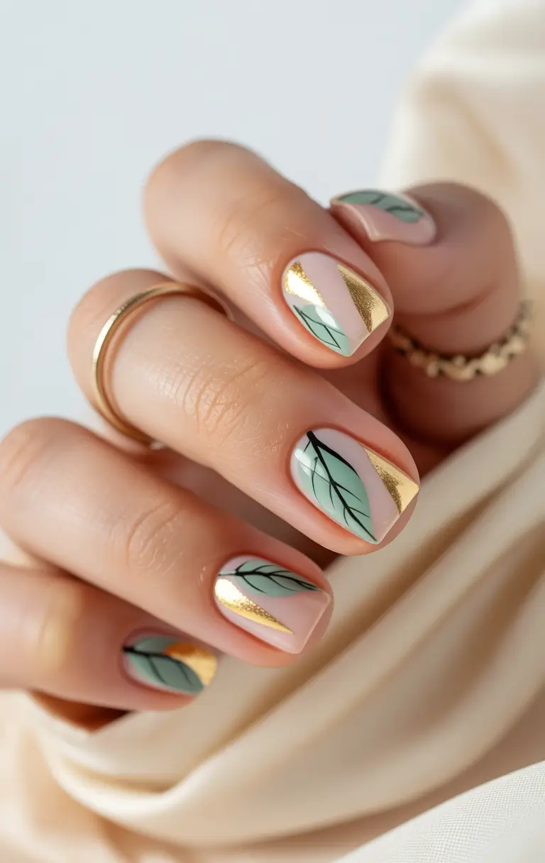 Fall 2025 Nail Color Ideas for Women Over 40 Mint Green with Graphic Leaves