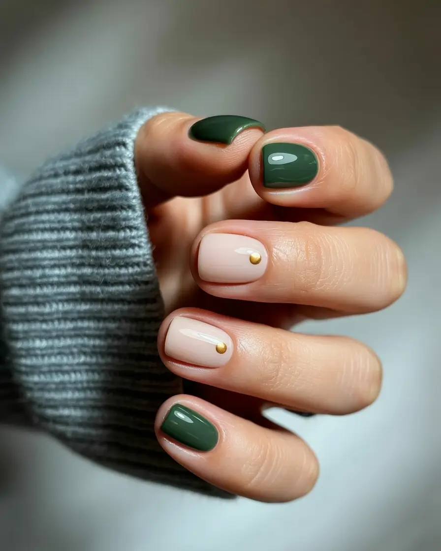Fall 2025 Nail Color Ideas for Women Over 40 Deep Green with Golden Accents